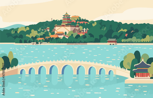 Chinese style architecture and scenery, vector diagram