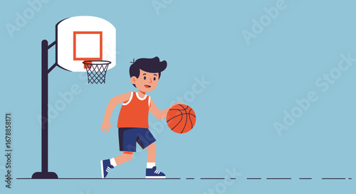 Vector Cartoon Illustration of Child Playing Basketbal