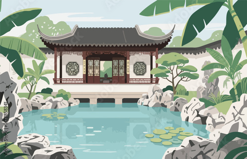 Chinese style architecture and scenery, vector diagram