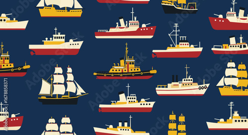 Vector Seamless Nautical Background with Carrack Tugboat Cruiser and Corvette
