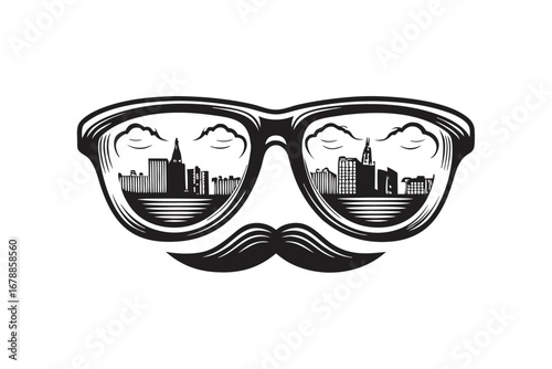 Cityscape Reflected in Eyeglasses with Mustache on White Background Style