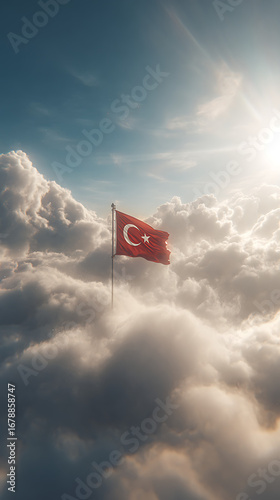 Turkish Flag Waving Above the Clouds with Sunlight and Lens Flare
