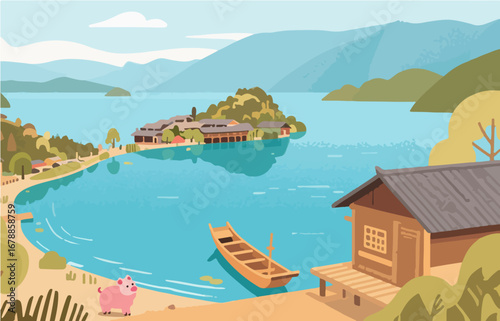 Chinese style architecture and scenery, vector diagram
