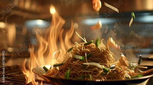 Stir-Frying Shrimp with Noodles and Vegetables in Wok with Flames and Steam in Professional Kitchen