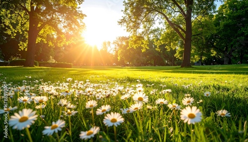 Sunny park scene with daisies