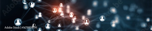 Global network connection with glowing user icons and lines on a dark background, representing social media and communication.