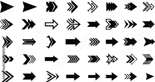 Dynamic collection of modern black arrows pointing forward for design
