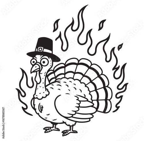 A thanksgiving turkey wearing a pilgrim hat surrounded by flames in black and white