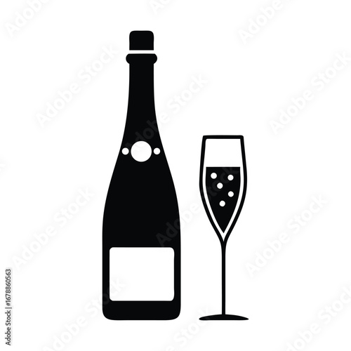 Champagne bottle and glass silhouette in bold flat style, perfect for party, celebration, and festive designs. Clean vector art icon illustration silhouette clipart on white background minimalist flat