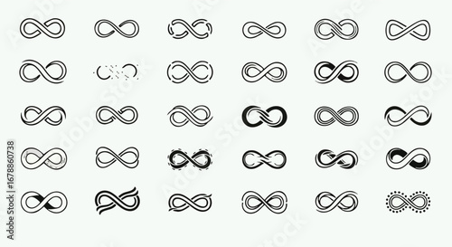 A collection of thirty infinity symbols, each with unique variations in line style and design, arranged in a grid pattern.