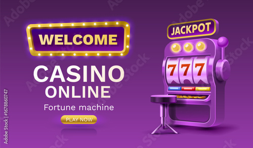 Casino 777 banner slots machine winner, jackpot fortune of luck. Vector illustration
