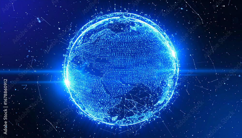 Naklejka premium A stunning digital representation of the world, highlighting a connected network of information and data. A brilliant blue glow emphasizes the globe, symbolizing interconnectedness and technology