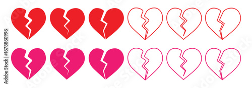 Set of Heart and Broken Heart Icon Set. Heartbreak / broken heart or divorce flat icon for apps and websites. Red broken heart vector icons set. Cracked on heart flat vector icons.