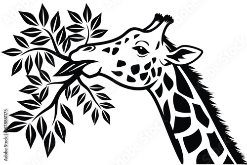 Giraffe Eats Leaves Design Illustration, Wildlife Animal, Black and White Art