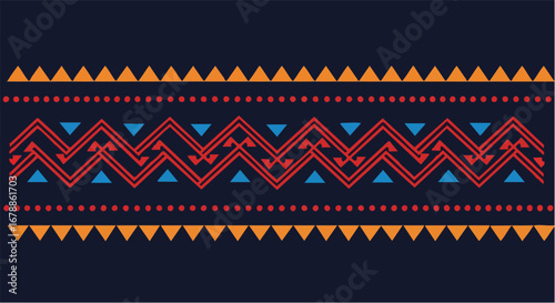 Geometric pattern with orange triangles, red zigzag lines, and blue triangles on a dark blue background.