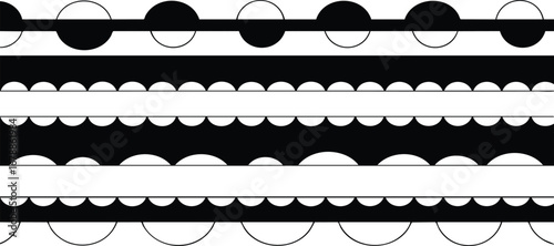 Abstract black and white pattern featuring horizontal lines, circles, and scalloped edges in a repeating design.
