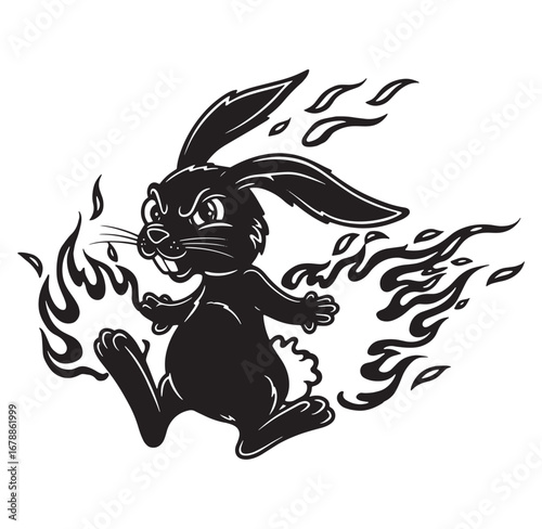 Angry rabbit character bursting with flames in dynamic vector illustration design