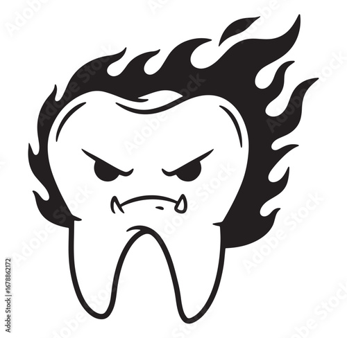 Angry tooth with flames illustration representing toothache or dental problems in black and white