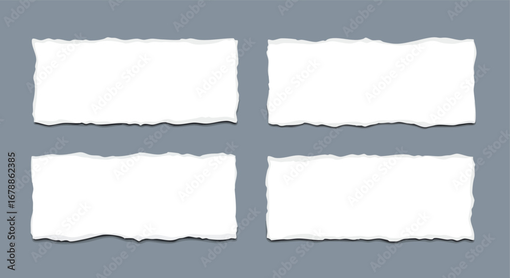 Fototapeta premium Four blank torn white paper pieces arranged on a plain gray background