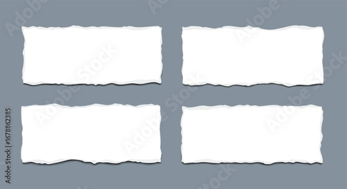 Four blank torn white paper pieces arranged on a plain gray background