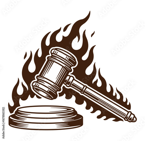 Burning gavel symbolizing law justice and judgement represented by flames and court authority