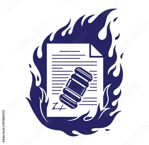 Burning legal contract document and gavel illustrating legal issues and justice concepts