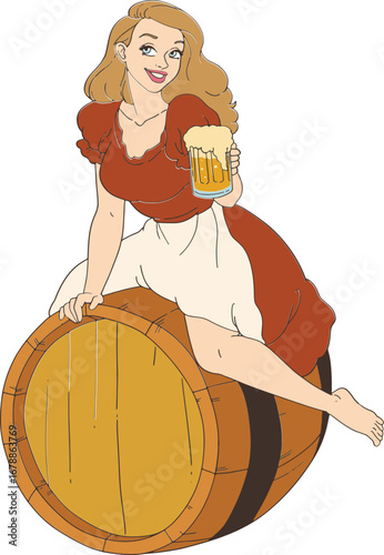 Curvy Woman Holding Beer – Retro Style Beer Illustration