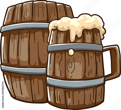 Beer Barrel and Mugs Illustration – Brewery Ingredients with Wooden Keg