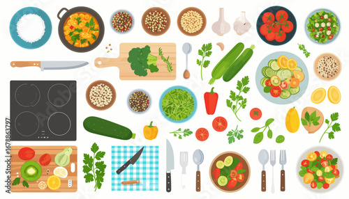 A top-down view of a kitchen counter with various fresh vegetables, grains, cooking utensils, and prepared healthy meals.