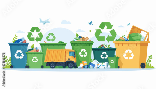 Cartoon illustration of a waste management scene with various recycling bins, a garbage truck, and prominent recycling symbols, emphasizing environmental care.
