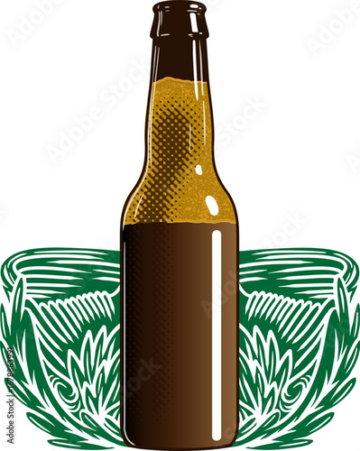 Beer Bottle Illustration – Craft Beer with Hop Leaf Decoration