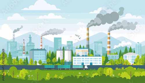 A vibrant cartoon illustration depicting an industrial city landscape with factories emitting smoke, surrounded by lush green trees and distant mountains under a blue sky.