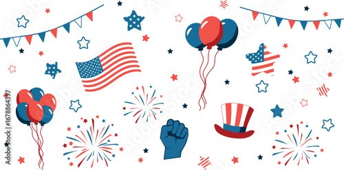 Vector clipart set of patriotic USA elements with Statue of Liberty, protest fist, and American symbols for Independence Day