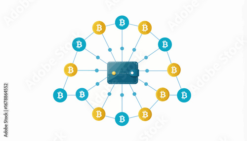 Digital wallet managing multiple cryptocurrency coins in a decentralized network, illustrating blockchain finance and secure online transactions.