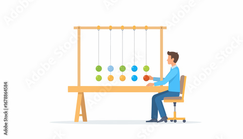 A man in a blue shirt sitting at a desk, interacting with a colorful physics demonstration device with hanging balls.