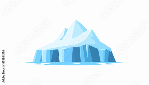 Stylized graphic of a massive iceberg with jagged peaks and icy blue tones floating in water.