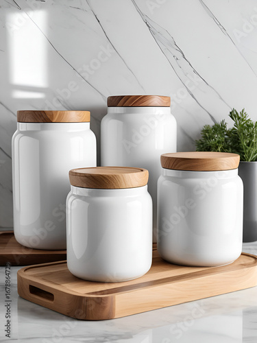 Mockup three white ceramic kitchen canisters with wooden lids on marble countertop