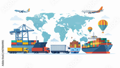 Global logistics and international shipping with various transport modes against a world map background.
