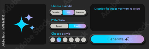 Generate AI image user interface dark theme with tools, button, window for promt text trendy style. Artificial intelligence buttons trendy neumorphic for ui ux element, app, website vector 10 eps