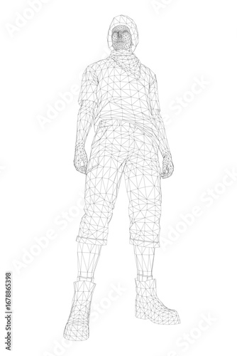 A hipster man in a hoodie and shorts, rendered as a clean black and white wireframe model, standing isolated on a plain white background.