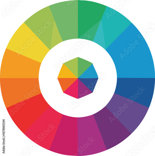 Color wheel illustration showing a spectrum of hues arranged in a circular gradient with a smaller polygonal color wheel in the center.