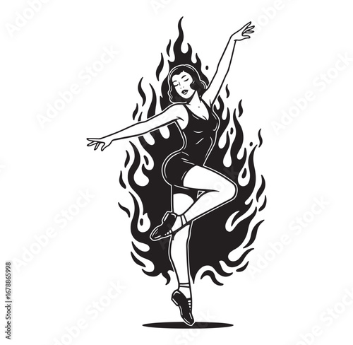 Elegant ballerina in a burning flame dance pose black and white vector illustration