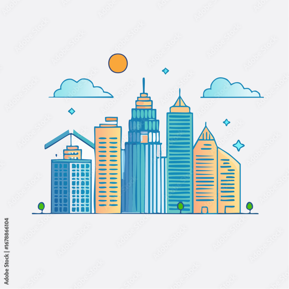 Obraz premium Modern city skyline illustration with tall buildings and clouds against a bright sky