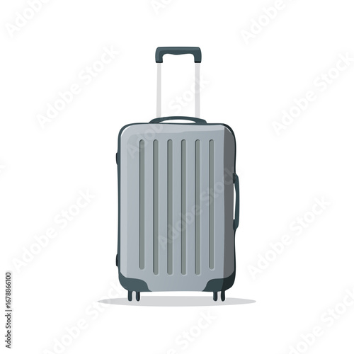 Modern gray ribbed suitcase with telescopic handle and wheels, isolated on white background