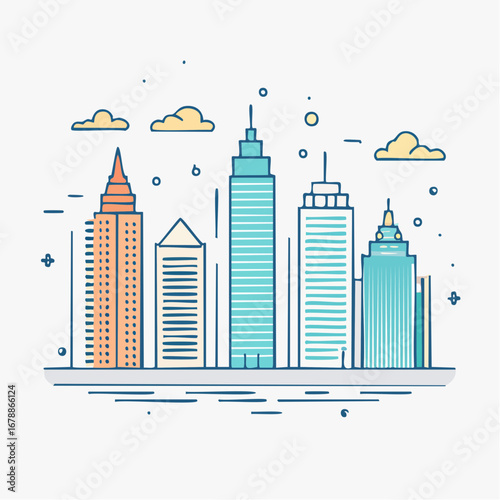 Modern City Skyline Illustration with Tall Buildings and Clouds
