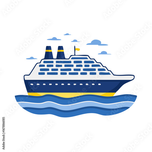 Cruise Ship Sailing on Blue Waves with Clouds in the Sky - Vector Illustration