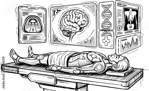 Full medical examination in cyberpunk style with HUD, UI interface. Futuristic healthcare app, screen interface with a 3d hologram, mri, dna, 3d hologram brain, x-ray, body. Cyberpunk HUD, UI. Vector