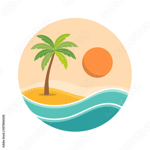 Tropical Paradise A Serene Beach Scene with a Palm Tree, Sun, and Ocean Waves