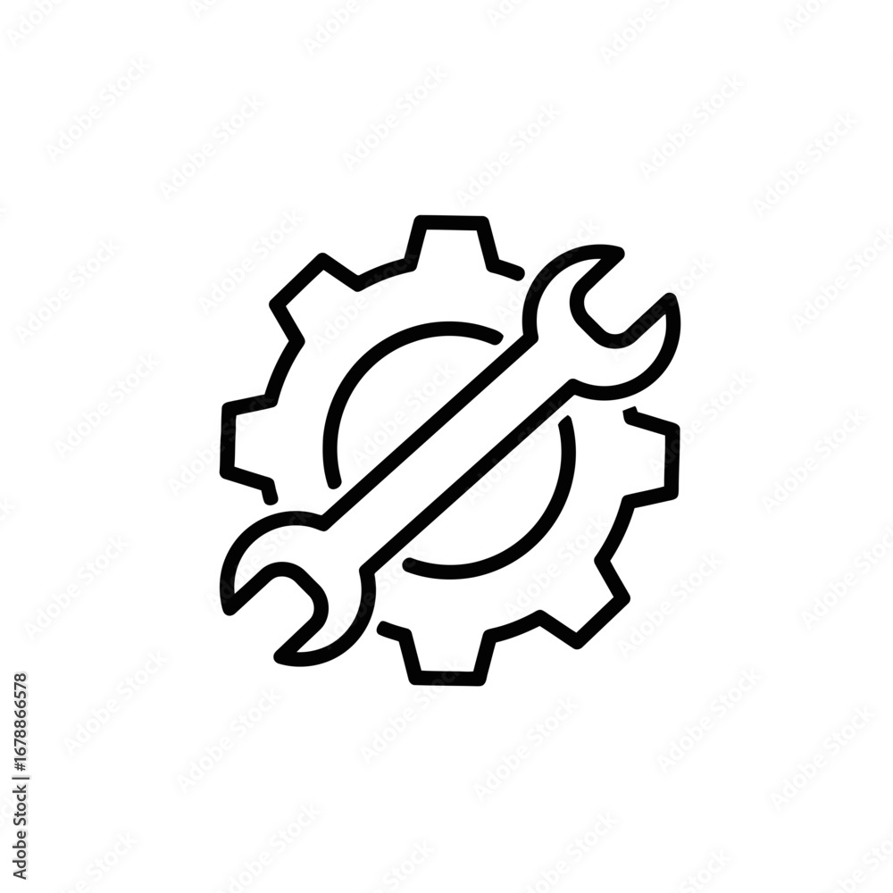Line art icon of a wrench and gear symbolizing mechanical repair and engineering services