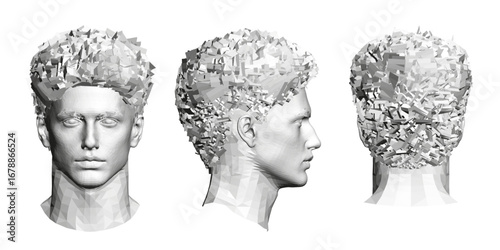 Polygonal male head model with multiple angles and textures, showcasing a modern fashion collection against a clean white background.